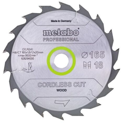 METABO Lame de scie cordless cut wood - professional, 165x1,6/1,1x20 Z18 WZ 20° (628294000) (1/2)