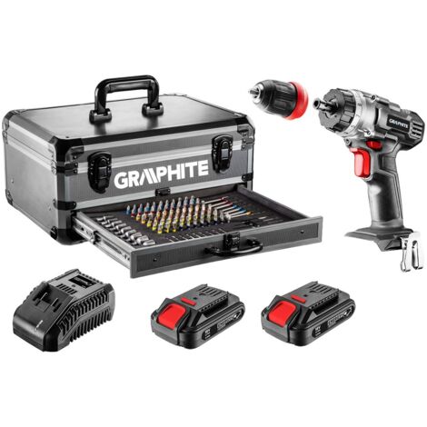 Coffret Energy+ en coffret aluminium : perceuse-visseuse 2 x 18 V/2,0 Ah, 10 mm, manche amovible + 109 accessoires (1/5)