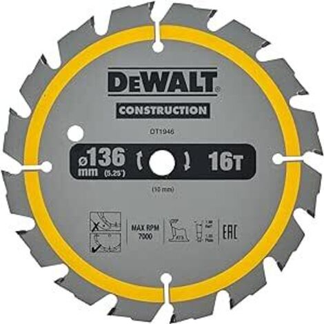 Dewalt – Lame de scie circulaire 136mm 16T DT1946QZ – Pour bois cloué – Diamètre alésage 10mm – Coupe nette sans éclat