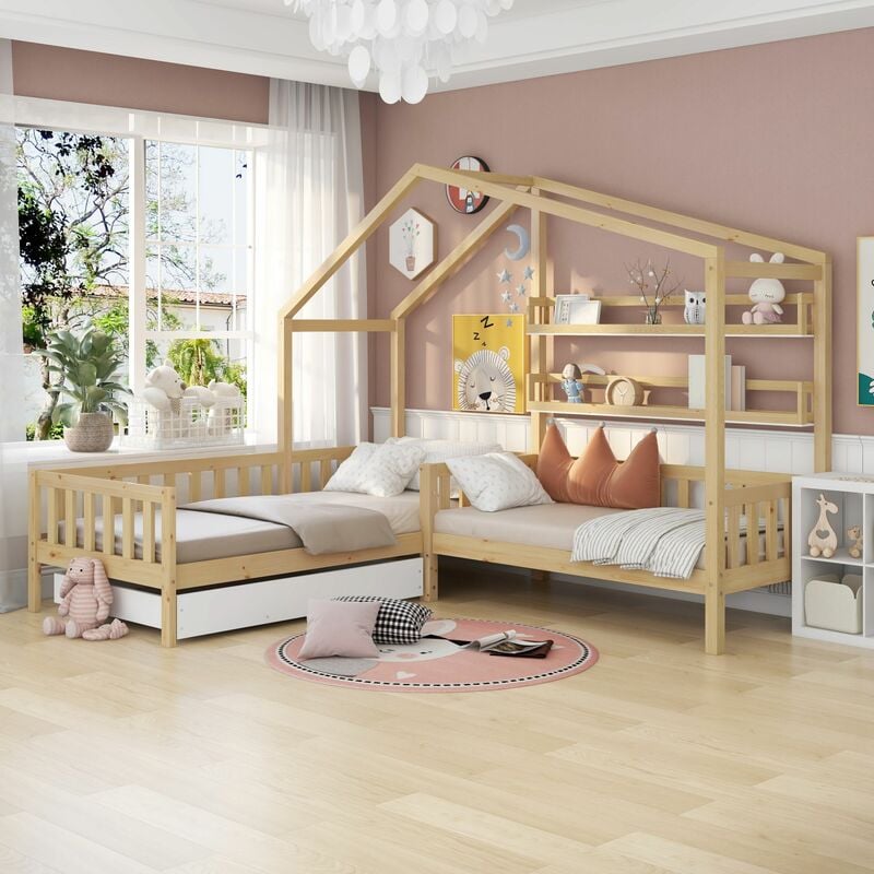 Lits Maison Extensibles Double Taille - Lit de Jour en Bois Montessori avec  Cadre de