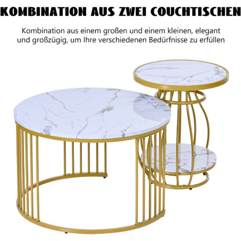 Lot 2 Tables Basses Rondes Nid Marbre Noir Blanc - Structure Métal Doré