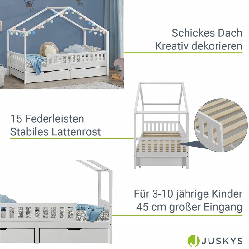 Juskys Kinderbett Yuki 90x200 cm mit Rausfallschutz Hausbett für Jungen & Mädchen Holz Bett für Kinder weiß mit Dach Bettkasten & Lattenrost 