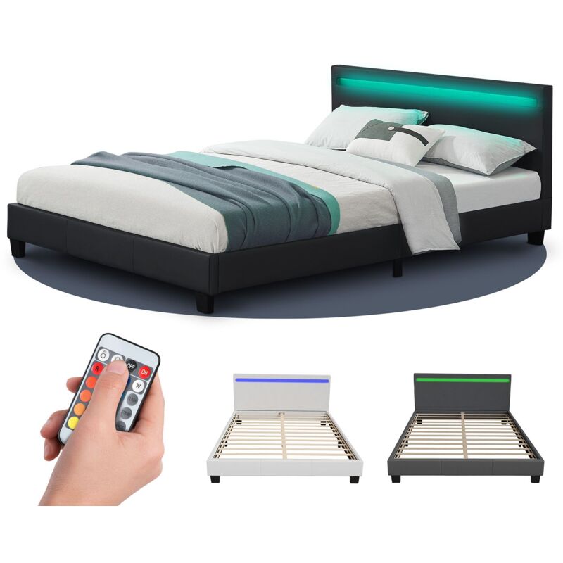Juskys Polsterbett Paris 160 X 200 Cm Mit Matratze, Lattenrost, LED Beleuchtung & Kopfteil - Kunstleder & Holz - Bett Bettgestell Jugendbett – Weiß