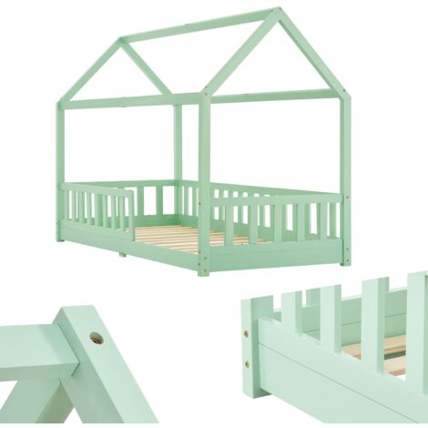 Juskys Kinderbett Marli 90 x 200 cm mit Rausfallschutz, Lattenrost und Dach - Massivholz Hausbett für Kinder - Bett in Mint (1/5)