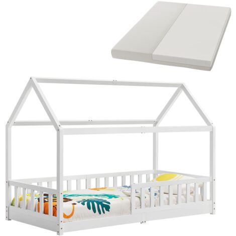 Juskys Kinderbett Marli 90 x 200 cm mit Matratze, Rausfallschutz, Lattenrost & Dach - Massivholz Hausbett für Kinder - Bett in Weiß (1/5)