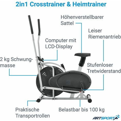 ArtSport 2in1 Crosstrainer & Heimtrainer – Fitnessgerät mit Computer, LCD  Display, Sitz und Schwungrad – Ellipsentrainer Hometrainer Fitness