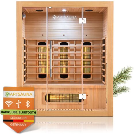 Artsauna Infrarotkabine Kiruna160 mit 6 Vollspektrum- & 3 Flächenstrahler, 3 Personen, 160x105x190 cm, LED Farblicht & Glastür, Infrarotsauna Sauna
