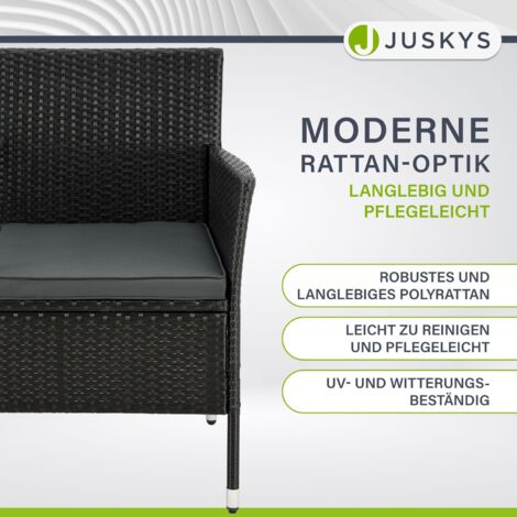 Juskys Polyrattan Gartenbank Monaco - 2-Sitzer Bank mit Tisch & Kissen - 133 × 63 × 84 cm - Rattan Sitzbank wetterfest Garten Balkon – schwarz