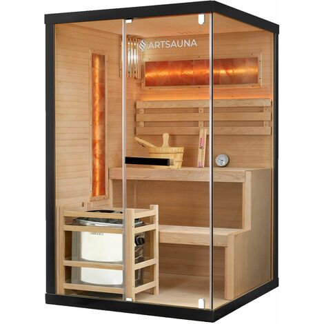 Artsauna Saunakabine Vantaa 120 mit Salzstein - Indoor Sauna 2 Personen - 3,5kW Ofen, Glasfront, LED Licht, Thermometer & Sanduhr - Komplett Set