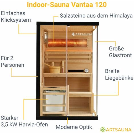 Artsauna Saunakabine Vantaa 120 mit Salzstein - Indoor Sauna 2 Personen - 3,5kW Ofen, Glasfront, LED Licht, Thermometer & Sanduhr - Komplett Set