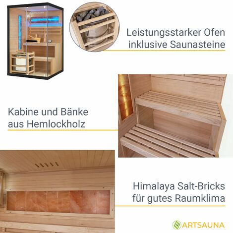 Artsauna Saunakabine Vantaa 120 mit Salzstein - Indoor Sauna 2 Personen - 3,5kW Ofen, Glasfront, LED Licht, Thermometer & Sanduhr - Komplett Set