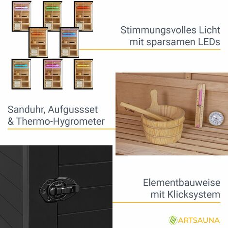 Artsauna Saunakabine Vantaa 120 mit Salzstein - Indoor Sauna 2 Personen - 3,5kW Ofen, Glasfront, LED Licht, Thermometer & Sanduhr - Komplett Set