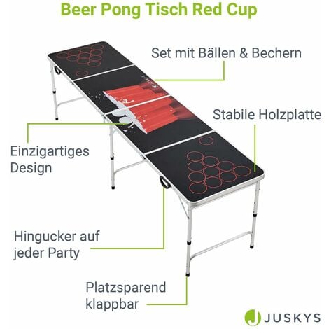 Juskys Beer Pong Tisch Red Cup - Bier Trinkspiel Set Becher Bälle