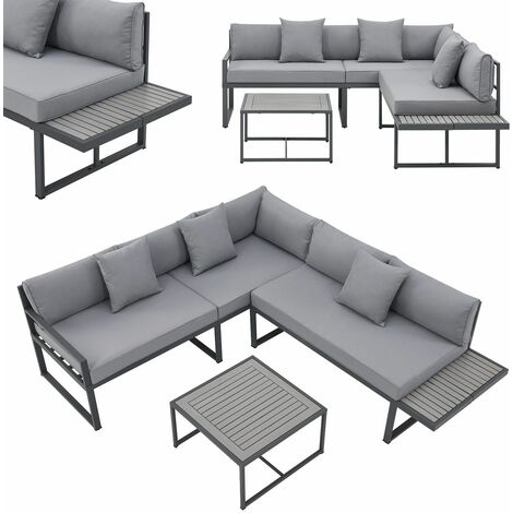 Juskys Gartenmöbel Lounge St. Tropez - 4 Personen Sitzecke - Set mit Tisch, Ecksofa & Kissen - Möbel für Balkon & Garten - Holz Balkonmöbel Grau