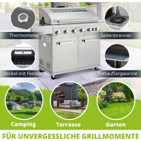Juskys BBQ Gasgrill Minnesota - 6 Brenner und 1 Seitenbrenner - XXL Edelstahl Gas Grill mit Gusseisen Grillrost, Kochfeld, Unterschrank für Gasflasche