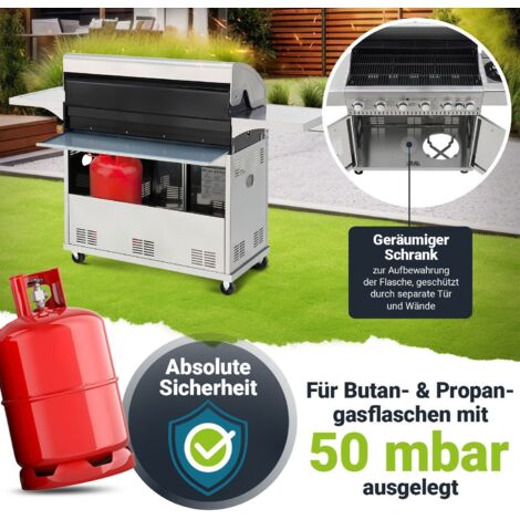 Juskys BBQ Gasgrill Minnesota - 6 Brenner und 1 Seitenbrenner - XXL Edelstahl Gas Grill mit Gusseisen Grillrost, Kochfeld, Unterschrank für Gasflasche
