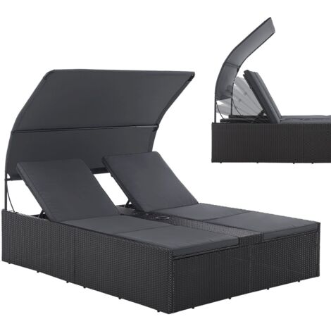 Juskys Polyrattan Doppelliege Syros - Garten Sonnenliege für 2 Personen - Outdoor Liege mit Dach & Auflagen - Kopfteil verstellbar - Schwarz (1/5)