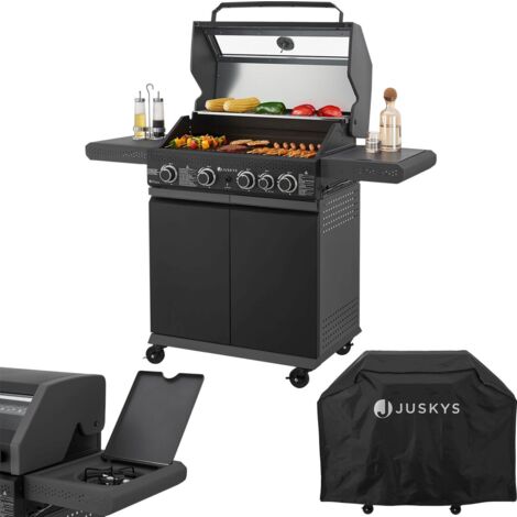 Juskys BBQ Gasgrill Savannah - 4 Brenner und 1 Seitenbrenner - XXL Stahl Gas Grill mit Gusseisen Grillrost, Kochfeld, Unterschrank für Gasflasche