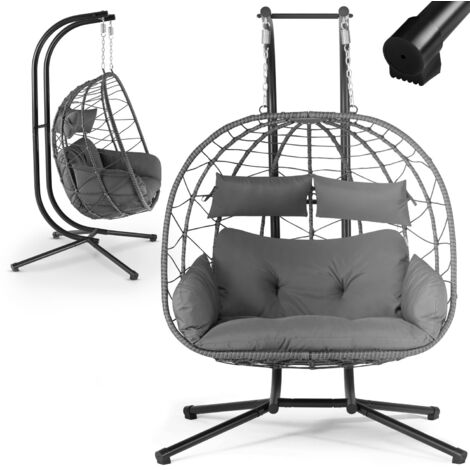 Juskys Doppelhängesessel Aria - Polyrattan Hängesessel mit Gestell & Kissen - Schaukel für zwei Personen - Outdoor Indoor Sessel - XXL Korb Grau