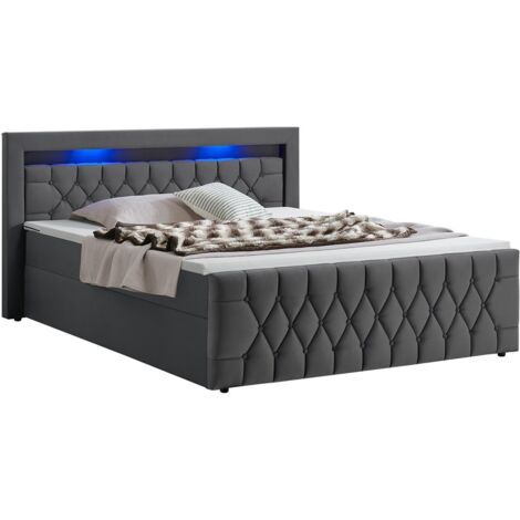 Juskys Boxspringbett Leona 180x200 cm - Bett mit LED Beleuchtung, Topper & H4 Federkern Matratzen - Doppelbett Grau mit Samt und Steppung