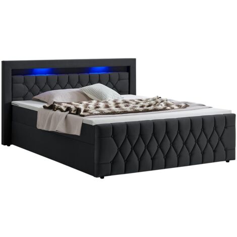 Juskys Boxspringbett Leona 140x200 cm - Bett mit LED Beleuchtung, Topper & H4 Federkern Matratzen - Einzelbett Schwarz mit Samt und Steppung