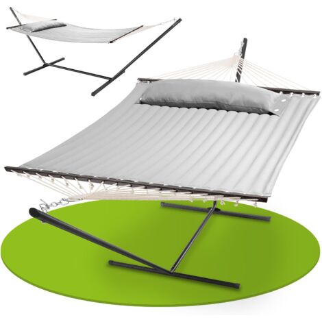Juskys Hängematte Cata mit Gestell und Kissen - Outdoor Doppelhängematte für 2 Personen - doppel Hängemattengestell bis 200kg belastbar - Hellgrau