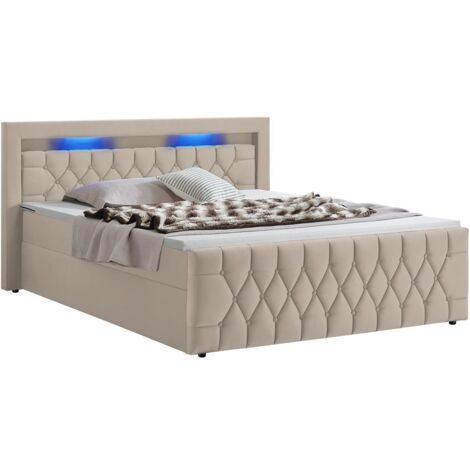 Juskys Boxspringbett Leona 180x200 cm - Bett mit LED Beleuchtung, Topper & H4 Federkern Matratzen - Einzelbett Beige mit Samt und Steppung