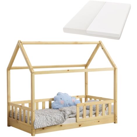 Juskys Kinderbett Marli 80 x 160 cm mit Matratze, Rausfallschutz, Lattenrost & Dach - Massivholz Hausbett für Kinder - Bett in Natur (1/5)
