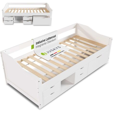 Juskys Funktionsbett Nalu 90x200 cm - Holz Bett mit Lattenrost & Schubladen - Stauraumbett für Kinder - Jugendbett, Kinderbett, Gästebett - Weiß (1/5)