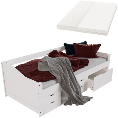 Juskys Funktionsbett Nalu 90x200 cm - Holz Bett mit Matratze, Lattenrost & Schubladen - Stauraumbett für Kinder - Jugendbett, Kinderbett - Weiß (1/5)