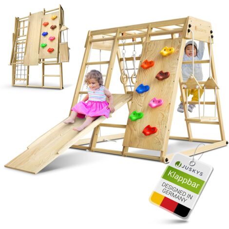 Juskys Maxi Klettergerüst für Kinder - Indoor Spielplatz mit Rutsche, Kletterwand, Kletternetz & Schaukel - Holz Kletterturm klappbar - Natur - groß