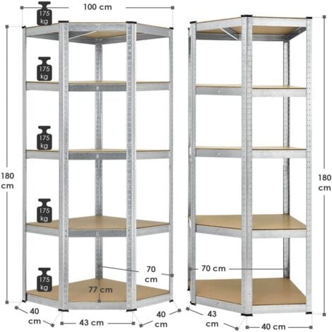 Juskys Eckregal Lageregal Corner Basic 180 x 70 x 40-70 cm - 875 kg - 5 Böden - Metall verzinkt - Schwerlastregal Steckregal Kellerregal