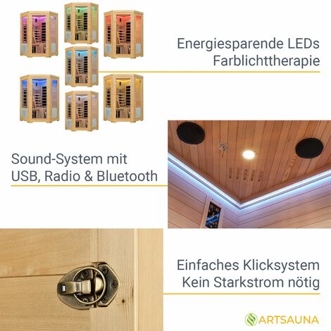 Artsauna Eck-Infrarotkabine Aalborg - LED-Farblicht bis Triplex-Heizsystem, Personen 2 zu für & Infrarotsauna mit