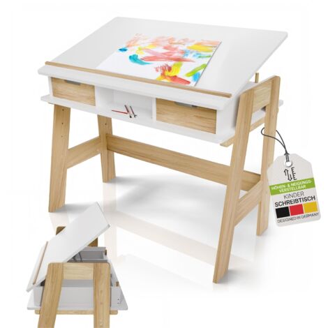 Juskys Kinder Schreibtisch Fietje Plus - neigungs- & höhenverstellbar, 2 Schubladen, robustes Material, viel Stauraum - Kinderschreibtisch aus Holz