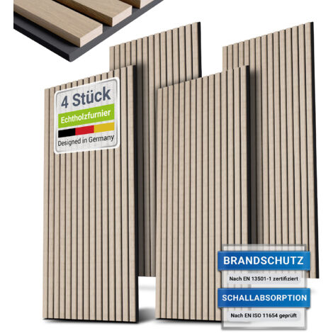 Juskys Wandpaneele Akustik - Verbesserte Akustik, Design mit Holzfurnier & Schallabsorbierend, Reduziert Hall - 120x60 cm - 4er Set 2,88 qm, Eiche Natur Hell