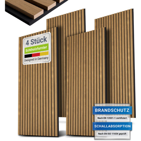 Juskys Wandpaneele Akustik - Verbesserte Akustik, Design mit Holzfurnier & Schallabsorbierend, Reduziert Hall - 120x60 cm - 4er Set 2,88 qm, Eiche Natur Dunkel (1/5)