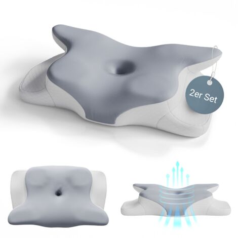 Juskys Nackenkissen 2er Set - Ergonomisches Nackenkissen mit Memory-Foam, atmungsaktivem Bezug - Kissen für den Nacken, gesunder Schlaf - weiß/grau