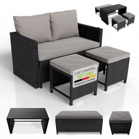 Juskys 2in1 Polyrattan Relax Gartenmöbel Set Jamaika - Tisch, Gartenlounge Sofa - Balkonmöbel Sitzgruppe für Balkon, Garten - Outdoor Lounge schwarz/ grau