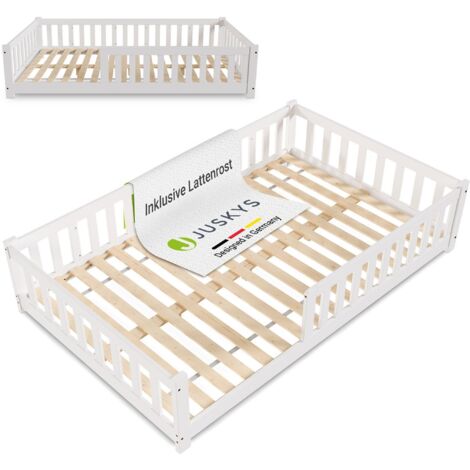 Juskys Kinderbett Naya - Bett mit Rausfallschutz & Lattenrost - Holz Bodenbett für Kinder 3 -10 Jahre - modernes Bettgestell Weiß - 120x200 cm