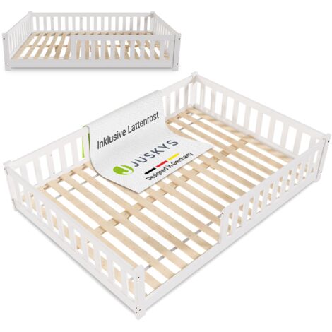 Juskys Kinderbett Naya - Bett mit Rausfallschutz & Lattenrost - Holz Bodenbett für Kinder 3 -10 Jahre - modernes Bettgestell Weiß - 140x200 cm