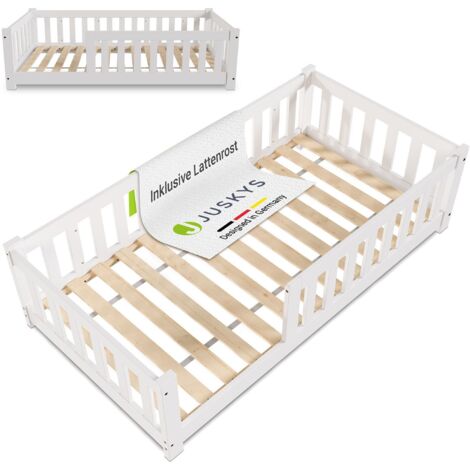 Juskys Kinderbett Naya - Bett mit Rausfallschutz & Lattenrost - Holz Bodenbett für Kinder 3 -10 Jahre - modernes Bettgestell Weiß - 80x160 cm