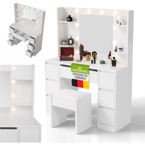 Juskys Schminktisch Malia und Hocker Melly mit LED-Spiegel, 7 Schubladen, Licht dimmbar, modern & kompakt, viel Stauraum – Weiß
