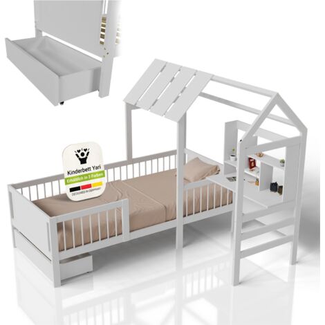 Juskys Kinderbett Yari - Integrierter Schreibtisch, Praktische Schublade, Massiver Kieferrahmen, Pflegeleicht, Vielseitig kombinierbar - weiß (1/5)