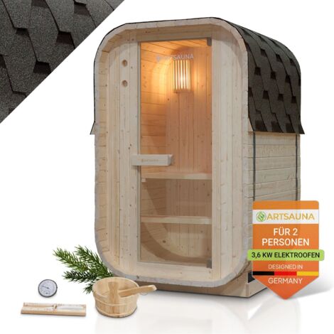Artsauna Fasssauna Nolvik S, Outdoor-Sauna aus Fichtenholz, 3,6 kW Ofen, LED, Komplettset mit Sanduhr, Eimer & Thermometer, winterfest, Cube Design