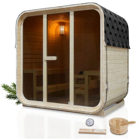 Artsauna Cube Fasssauna Fjora, Gartensauna für 6 Personen aus Fichte, 9 kW Saunaofen, LED-Beleuchtung, Zubehörset mit Sanduhr & Thermometer