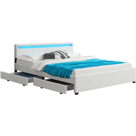 Juskys LED Polsterbett Lyon mit Bettkasten – Bettgestell aus Holz & Kunstleder mit Lattenrost – Doppelbett Schlafzimmer Möbel – 180 x 200 cm - weiß