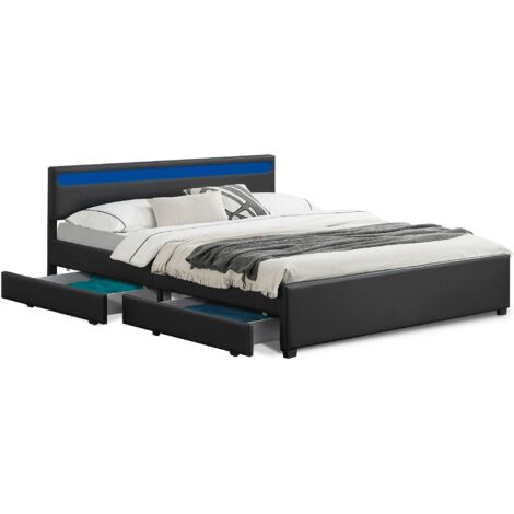 Juskys LED Polsterbett Lyon mit Bettkasten – Bettgestell aus Holz & Kunstleder mit Lattenrost – Doppelbett Schlafzimmer Möbel – 180 x 200 cm - schwarz