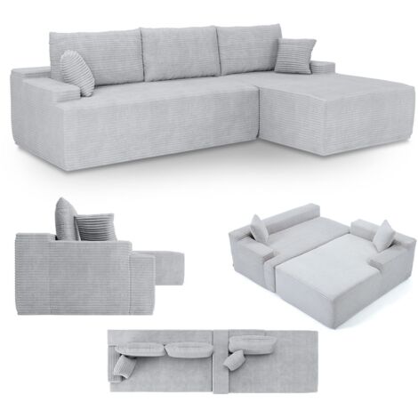 Juskys Sofa Coredo - modernes Cord Sofa mit Ottomane rechts, gemütliche Couch mit Schaumstoffpolsterung, Cordbezug & Kissen, modular - Hellgrau