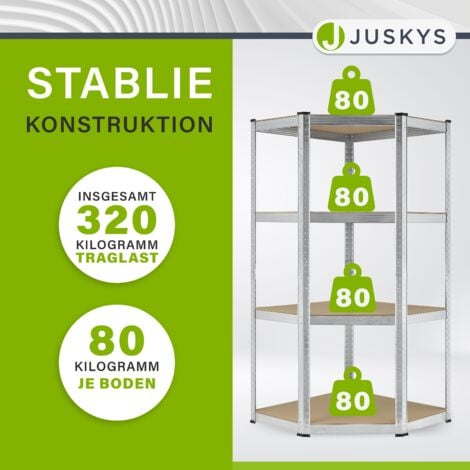 Juskys Eckregal Lageregal Corner Easy 160 x 75 x 40-75 cm - 320 kg - 4 Böden aus MDF Holz - Metall verzinkt - Schwerlastregal Steckregal Kellerregal