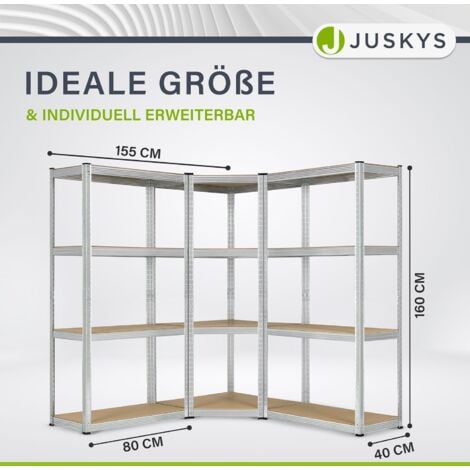 Juskys 3er Metall Regalsystem Easy - 1 Eckregal & 2 Lagerregale - 12 MDF Holz Böden - 960 kg - verzinkt - Stecksystem - Schwerlastregal Steckregal